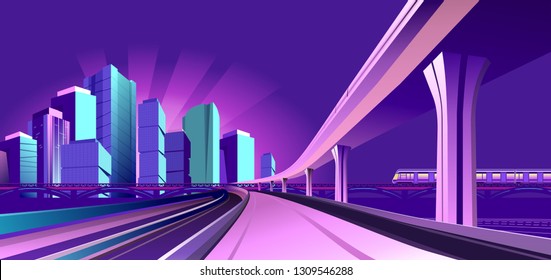 Night landscape, futuristic city, train traffic on the railway bridge, neon lights