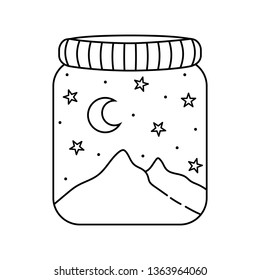 Night landscape in a glass jar.Black and white doodle hills,moon and stars.Magic vector illustration for posters,stickers,print on t-shirts,mug print,decoration for greeting cards,planners and more