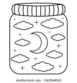 Night landscape in a glass jar.Black and white doodle mountains,moon,stars.Magic vector illustration for posters,stickers,print on t-shirts,mug print,decoration for greeting cards,planners and more