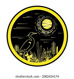 Night landscape with golden silhouettes of herons, water flowers and herbs in a circle isolated.