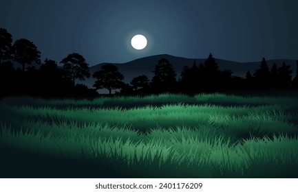 Night landscape in grassland with mountain and full moon