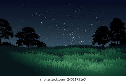 Paisaje nocturno en praderas con árboles y cielo estrellado