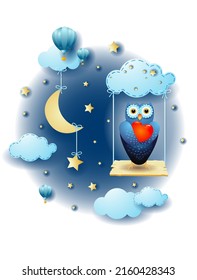 Night landscape with hanging stars, swing and owl in love. Vector illustration eps10