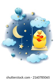 Night landscape with hanging stars, swing and chick in love. Vector illustration eps10