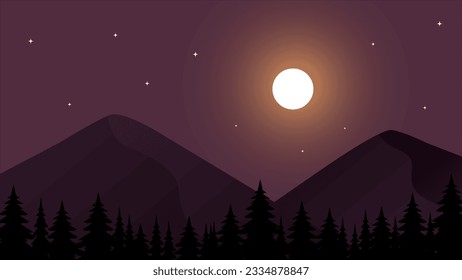 Night landscape with hills, forest, fir-trees, view at scenery with clear sky, full moon, summer fields with bushes and plants, nobody, ecological, non-urban, scene of countryside, wild