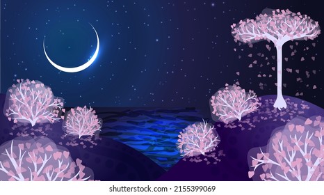 Night landscape with hills and a river under a starry sky. Blooming sakura with falling pink petals. White trees and a shining crescent.