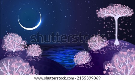 Night landscape with hills and a river under a starry sky. Blooming sakura with falling pink petals. White trees and a shining crescent.