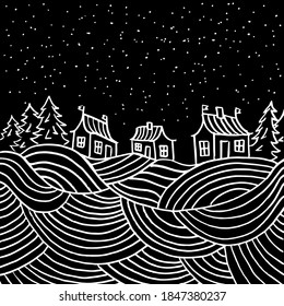 Night landscape, at home among the Christmas trees. Figure drawn by white lines on a black background.