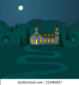 Night landscape with hospitable house. Illustration with illuminated house and pathway to open door. Bright full moon in the night sky and rolling hills around house. Vector file is EPS8.