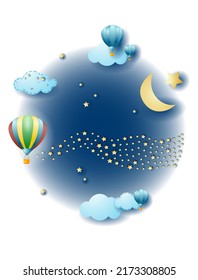 Night landscape with hot air balloon and wave of stars, fantasy illustration. Vector eps10