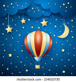 Night landscape with hot air balloon, vector eps10