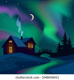 night landscape with house and northern lights