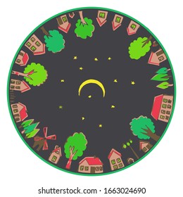 Night landscape of houses, trees and starry sky with the moon.
