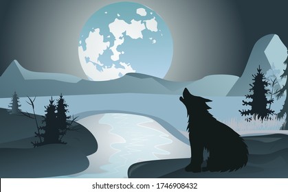 Night landscape with a howling wolf on a background of the moon and mountains. Winter stream. Design template for poster or book cover.