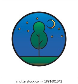 Night landscape icon. Lonely tree at night. Moon and stars. Logo design.