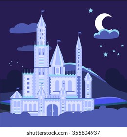 Night landscape illustration with castle Vector flat style