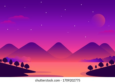 night landscape illustration with colorful gradient color, good for website background.