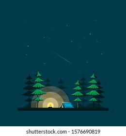 Night landscape illustration in flat style with tent and forest. Background for summer camp, nature tourism, camping or trekking design concept.