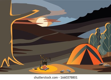 Ilustración de paisaje nocturno en estilo plano con tienda, fogata, montañas, bosque. El fondo del sitio. Antecedentes para el campamento de verano, turismo natural, el concepto de camping o de senderismo.