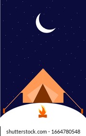 Night Landscape Illustration In Flat Style With Tent, Campfire, Moon, And Stars. Background For Summer Camp, Nature Tourism, Camping Or Hiking Design Concept. Template For Mobile Phone Screen Saver.