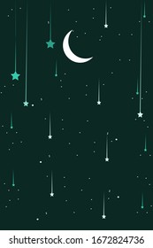 Night landscape illustration in flat style with design crescent moon and stars in night view abstract shape. Beautiful galaxy background. Template for mobile phone screen saver theme and  wallpaper.