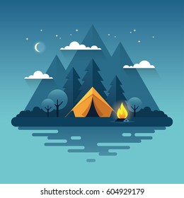 Night landscape illustration in flat style with tent, campfire, mountains, forest and water. Background for summer camp, nature tourism, camping or hiking design concept.