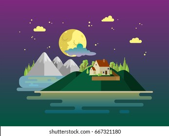 Night landscape illustration in flat style with mountains, forest and lake. 