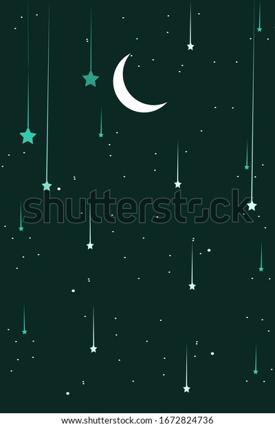 Night landscape illustration in flat style
with design crescent moon and stars in night view abstract shape.
Beautiful galaxy background. Template for mobile phone screen saver
theme and  wallpaper.