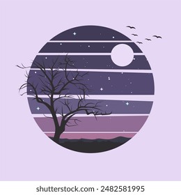 night landscape illustration in the form of a circle containing silhouettes of trees, moon, stars and birds