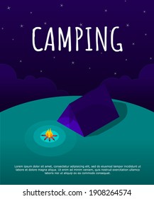 Night landscape illustration in isometric style with tent, campfire, mountains. Background for summer camp, nature tourism, camping or hiking design concept. poster