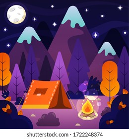 Night landscape illustration with tent, campfire, mountains, and night sky. Concept for summer camp, nature tourism, camping or hiking design concept.