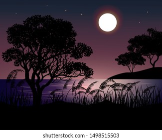 night landscape illustration with trees and grass