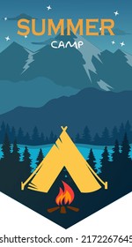 Night landscape illustrations vector with mountains, trees, tent and campfire. Vertical web banner for summer camp, nature tourism, camping, hiking, trekking, etc.