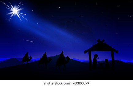 The night landscape of Jesus Mary Joseph and the three wise men