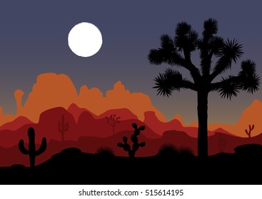 Night landscape with Joshua tree, cactus, and mountains. Vector illustration