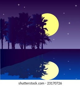 Night landscape of a lagoon with trees and reflection of the moon in water