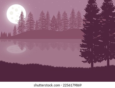 Night landscape with lake, coniferous forest, and moon. Vector illustration.