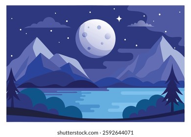 Night Landscape at Lake with Full Moon and Stars Vector Illustration