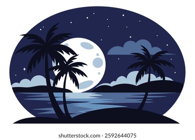 Night Landscape at Lake with Full Moon and Stars Vector Illustration
