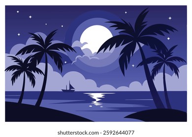 Night Landscape at Lake with Full Moon and Stars Vector Illustration