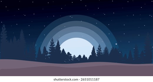 uma paisagem noturna com uma lua grande e brilhante cercada por vários círculos de luz concêntricos que criam um efeito de halo. No primeiro plano você pode ver a silhueta de uma floresta com abeto escuro
