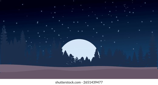 uma paisagem noturna com uma grande lua brilhante iluminando o horizonte. No primeiro plano, você pode ver a silhueta de uma floresta com abetos escuros, e o céu está coberto de estrelas.