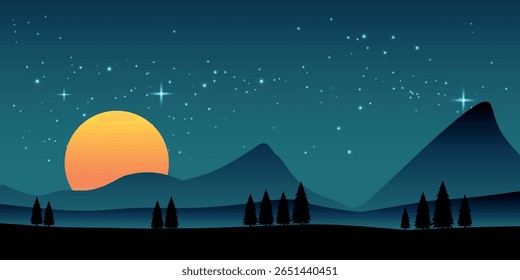 a night landscape with a large orange sun setting or rising behind the mountains. The sky is dark, dotted with stars, and the foreground is dominated by silhouettes of trees and rolling hills.