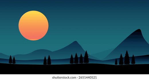 a night landscape with a large orange sun setting or rising behind the mountains. The sky is dark and the foreground is dominated by silhouettes of trees and rolling hills.