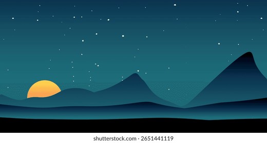 A night landscape with a large orange sun setting or rising behind hills and mountains. The sky is dark and dotted with stars, and the foreground of the landscape is silhouetted by hills.