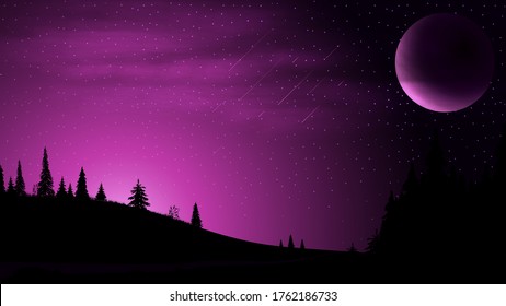 Night landscape with a large planet in the sky, starry sky, clouds and fields with coniferous trees