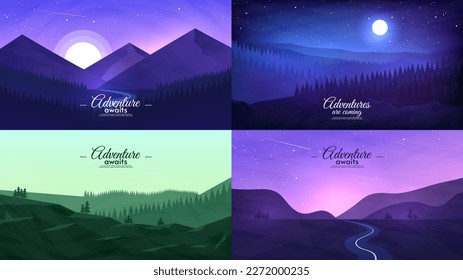 Night landscape with light. Sky with moon and stars. Set of abstract vector illustrations. Design for banners, background, wallpaper. 	