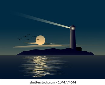 night landscape with lighthouse in island vector illustration