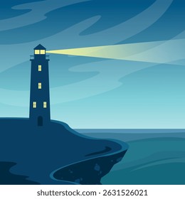 Night landscape of lighthouse with light on the edge of the shore. Architecture. Navigation tower.