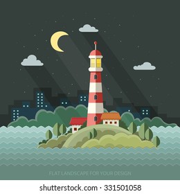 Night landscape. The lighthouse on the background of the city. Flat design style vector illustration.